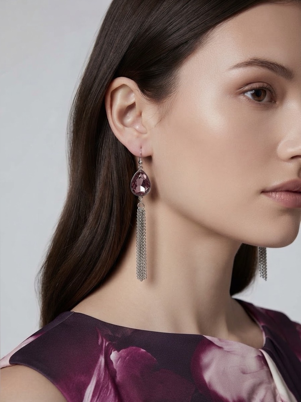 Pink Crystal Teardrop Dangle Earrings | Silver Chain Tassel Fringe Statement